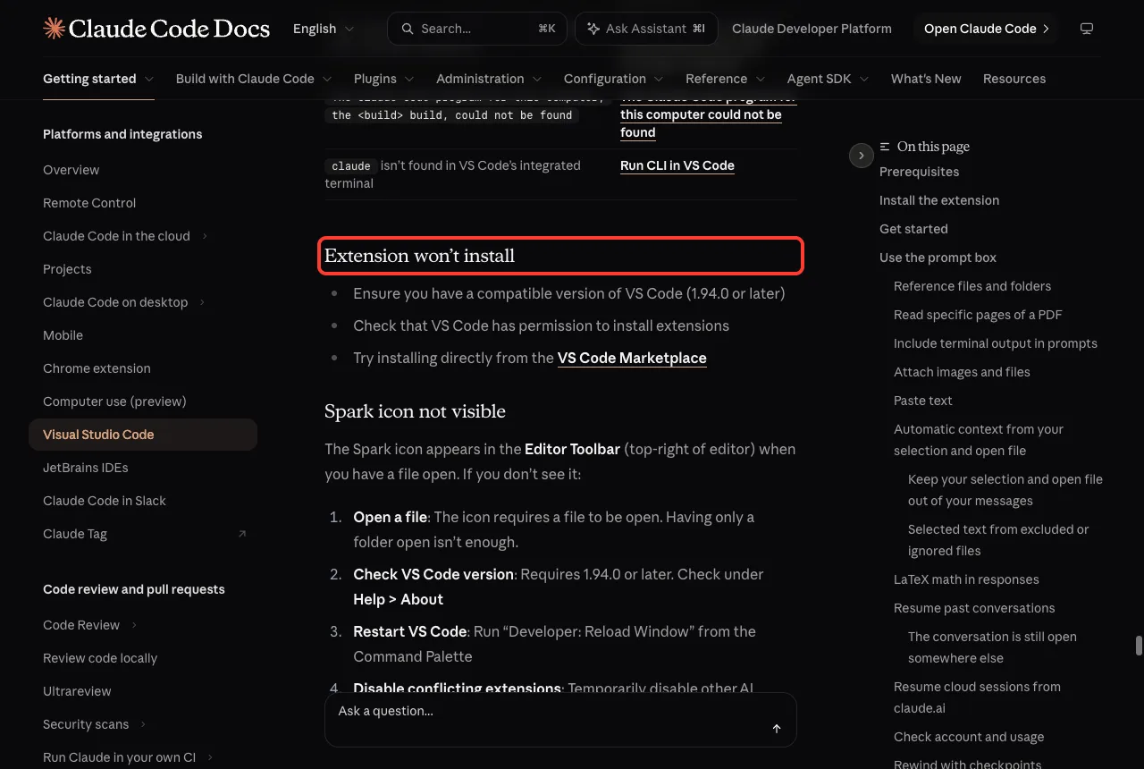 Official docs Extension won't install section with its heading in a red box