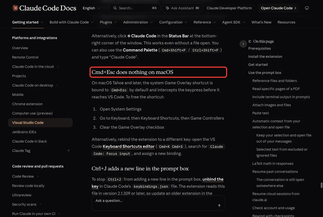 Official docs Cmd+Esc does nothing on macOS section with its heading in a red box