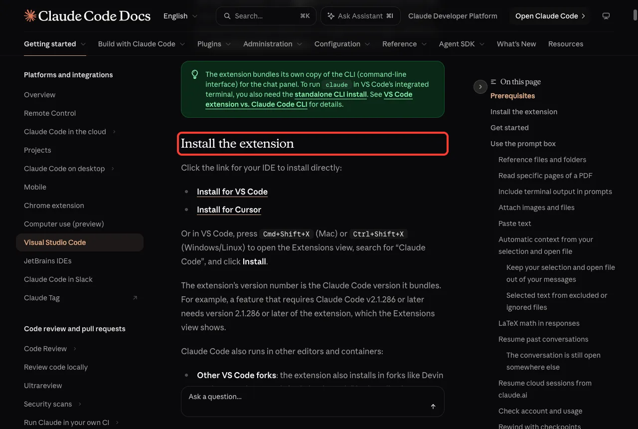 Official docs page with the Install the extension heading in a red box