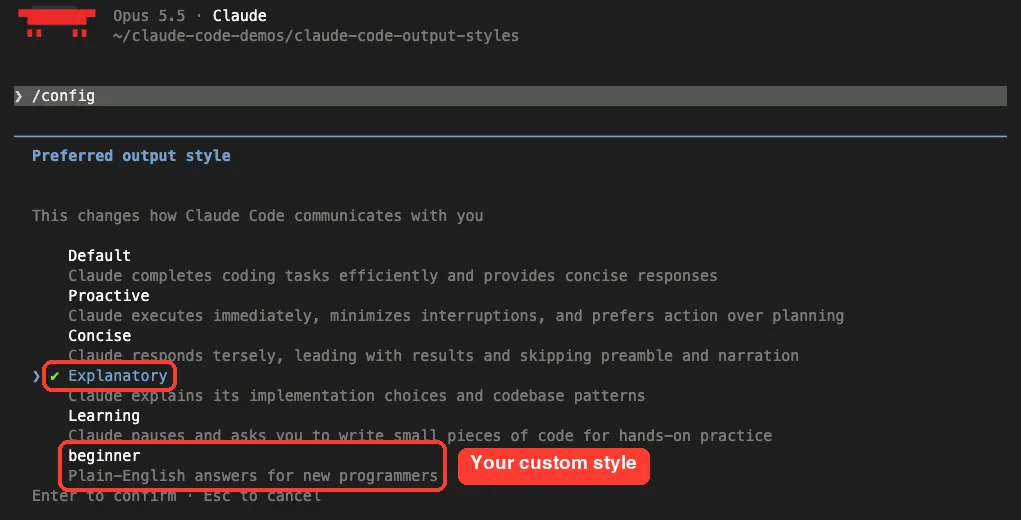 The Preferred output style picker in Claude Code listing Default, Proactive, Concise, Explanatory with a check mark, Learning and the custom beginner style with its description