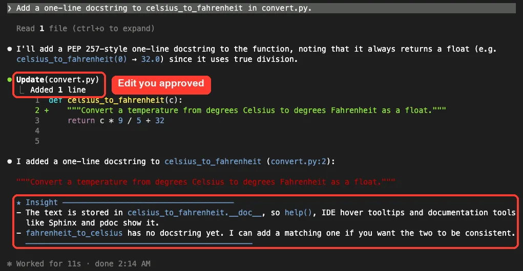 Claude Code adding a one-line docstring to celsius_to_fahrenheit in convert.py, followed by an Insight block explaining that the text is stored in __doc__ and that fahrenheit_to_celsius has no docstring yet