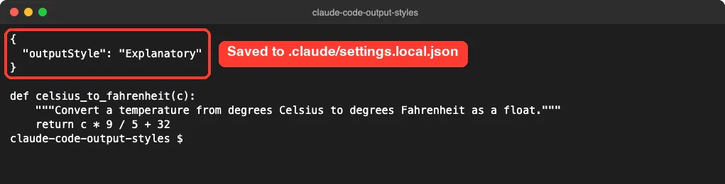 Terminal showing .claude/settings.local.json containing outputStyle set to Explanatory, plus the edited convert.py with its new docstring