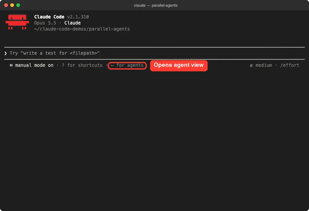 Claude Code session footer showing the left arrow for agents hint next to the shortcuts hint