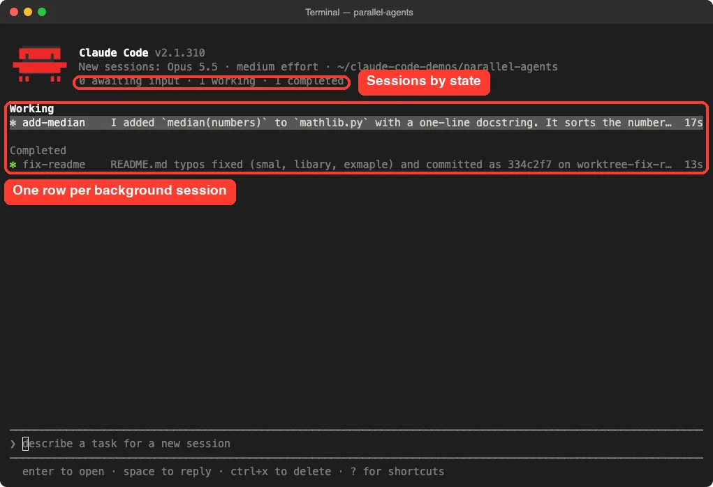Claude Code agent view listing one working session and one completed session with row summaries and state counts