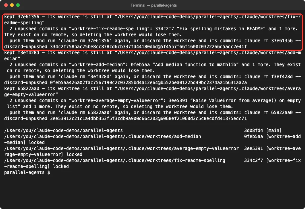 claude rm output keeping a session because its worktree branch has unpushed commits, with the discard-unpushed command