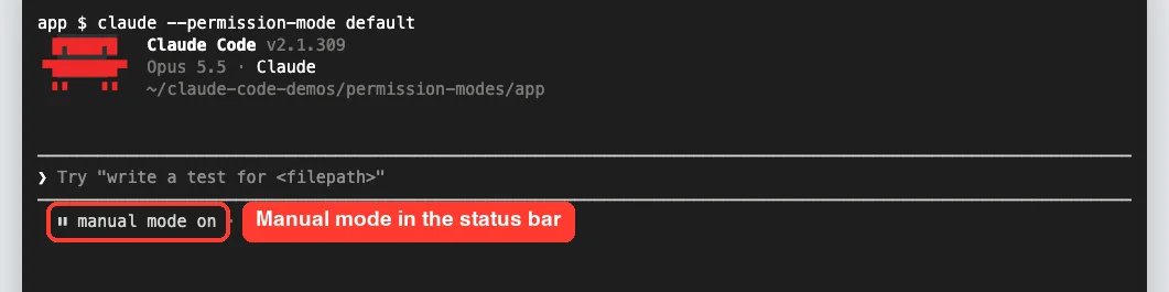 Claude Code v2.1.309 start screen with manual mode on shown in the status bar