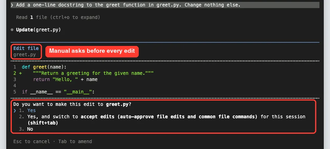 Claude Code edit permission prompt for greet.py with options Yes, Yes and switch to accept edits, and No