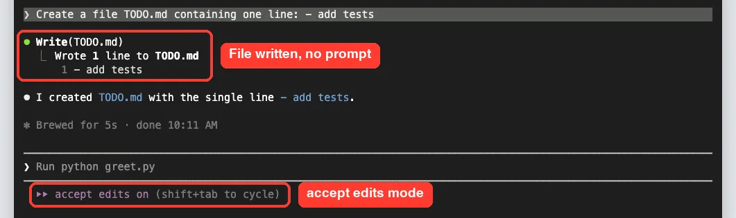 Claude Code writing TODO.md without a permission prompt while accept edits on shows in the status bar