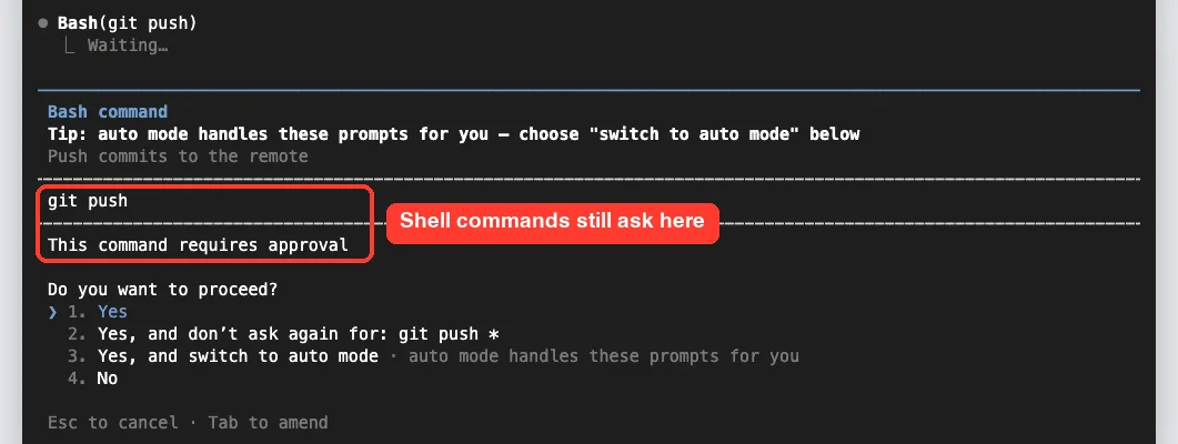 Bash permission prompt for git push in accept edits mode with an option to switch to auto mode
