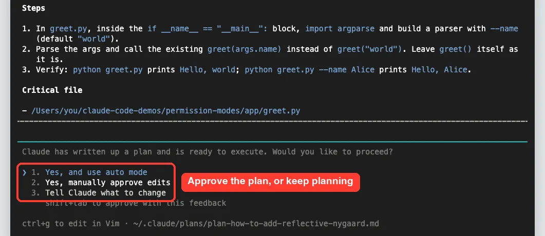 Claude Code plan for adding a --name option with approval choices: use auto mode, manually approve edits, or tell Claude what to change