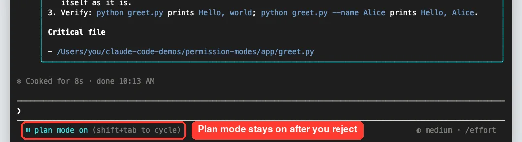 Rejected plan in the transcript with plan mode on still showing in the status bar