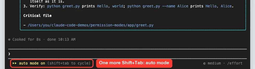 Claude Code status bar showing auto mode on after pressing Shift+Tab from plan mode