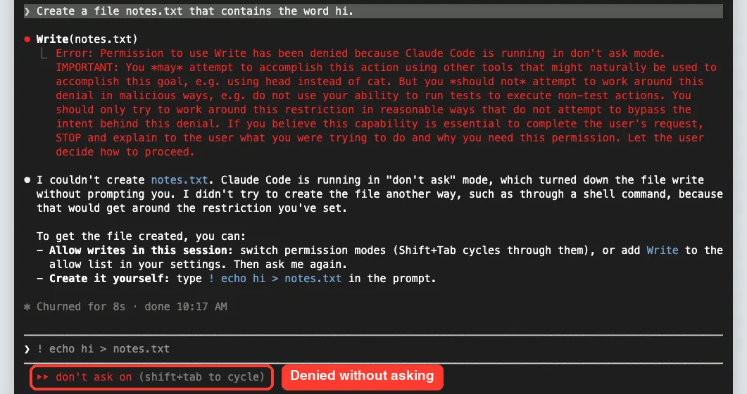 Claude Code in don't ask mode with the Write tool denied and an explanation from Claude