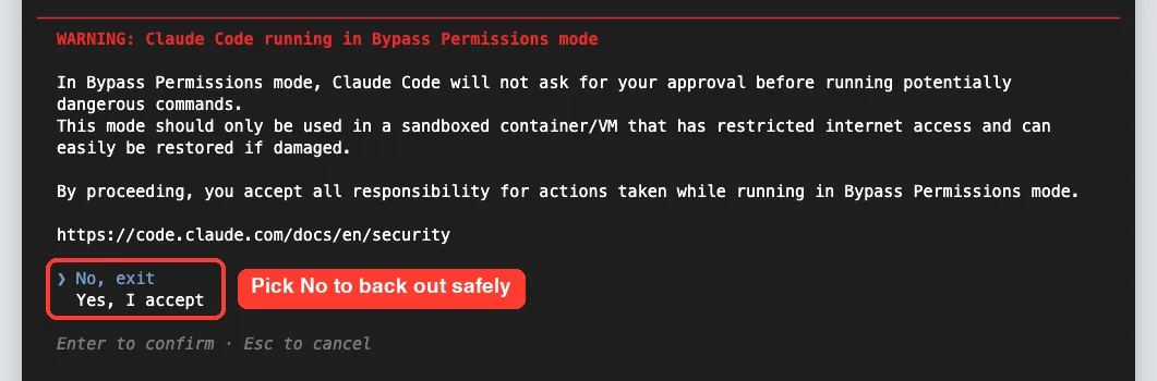 Claude Code Bypass Permissions mode warning dialog with No, exit and Yes, I accept options