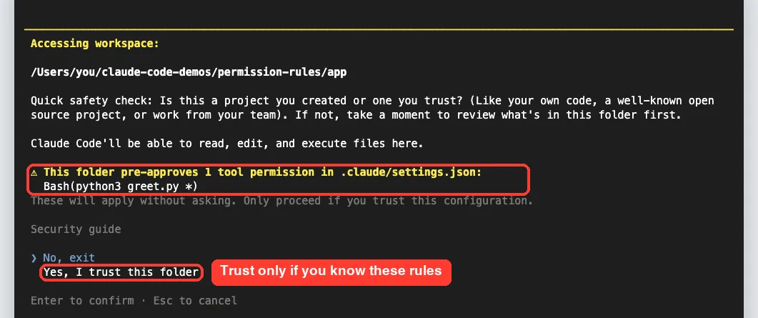 Claude Code workspace trust dialog warning that the folder pre-approves 1 tool permission, Bash(python3 greet.py *), from .claude/settings.json