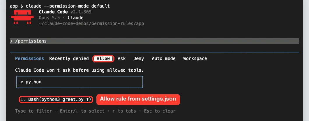 The /permissions dialog in Claude Code on the Allow tab, filtered by the word python, showing the rule Bash(python3 greet.py *)