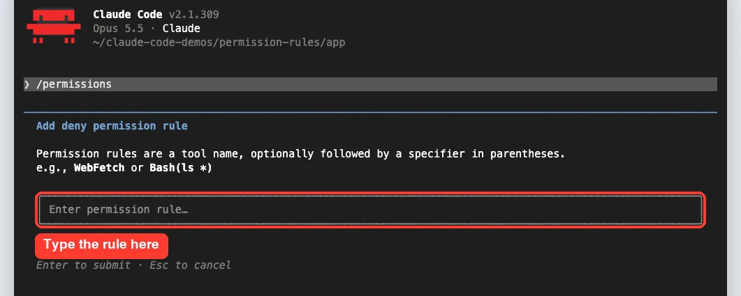 Add deny permission rule screen in Claude Code with an empty text box and examples WebFetch and Bash(ls *)