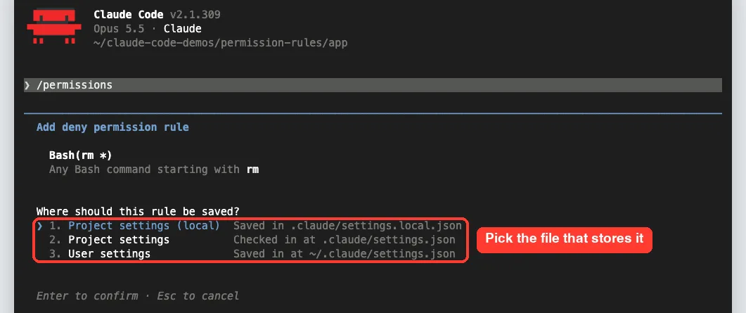 Claude Code asking where to save the Bash(rm *) rule: Project settings (local), Project settings, or User settings