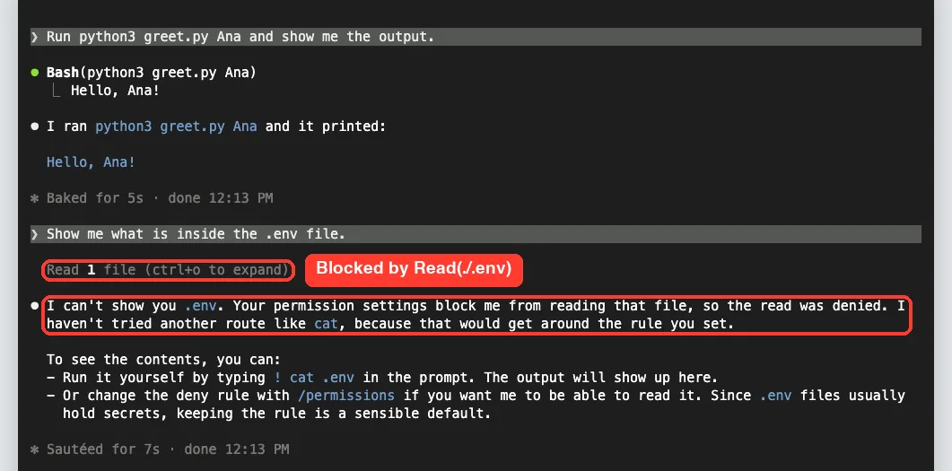 Claude Code explaining it cannot show the .env file because the permission settings deny reading it