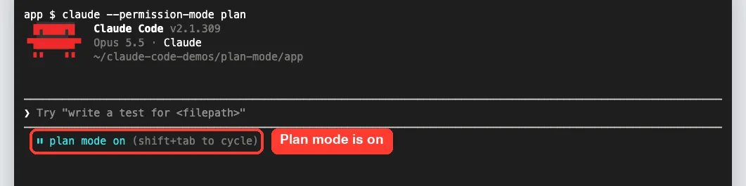 Claude Code v2.1.309 start screen launched with --permission-mode plan, showing plan mode on in the status bar