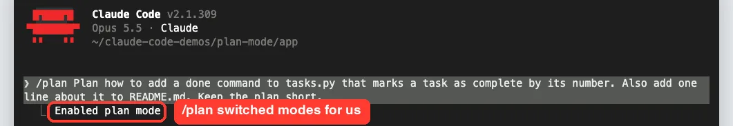 A /plan prompt in Claude Code followed by the message Enabled plan mode