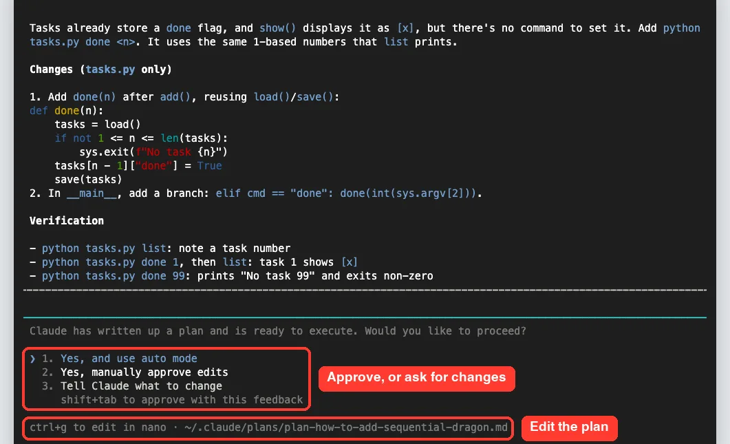 Claude Code plan for a done command with approval options and a Ctrl+G hint to edit the plan in nano
