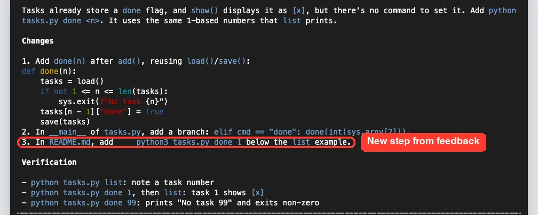 Revised Claude Code plan with a new third step to add a usage line to README.md