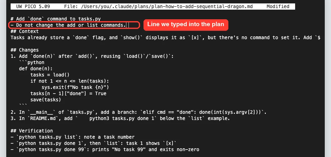 The Claude Code plan open in the nano editor with an added line saying do not change the add or list commands