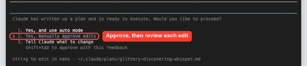 Claude Code plan approval menu with Yes, manually approve edits selected