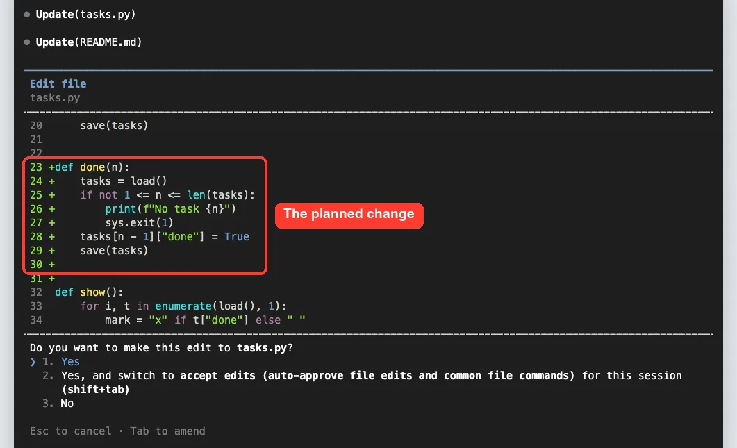 Claude Code edit prompt showing the new done function being added to tasks.py