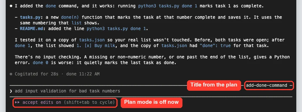 Claude Code summary after building the plan, with the session title add-done-command and accept edits on in the status bar