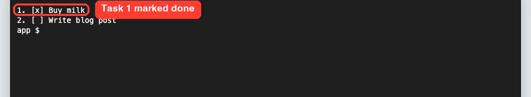 Terminal output showing task 1 Buy milk marked with an x after running the done command