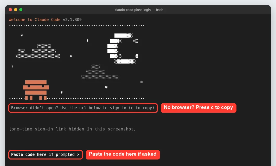Claude Code login screen with copy link hint and paste code prompt