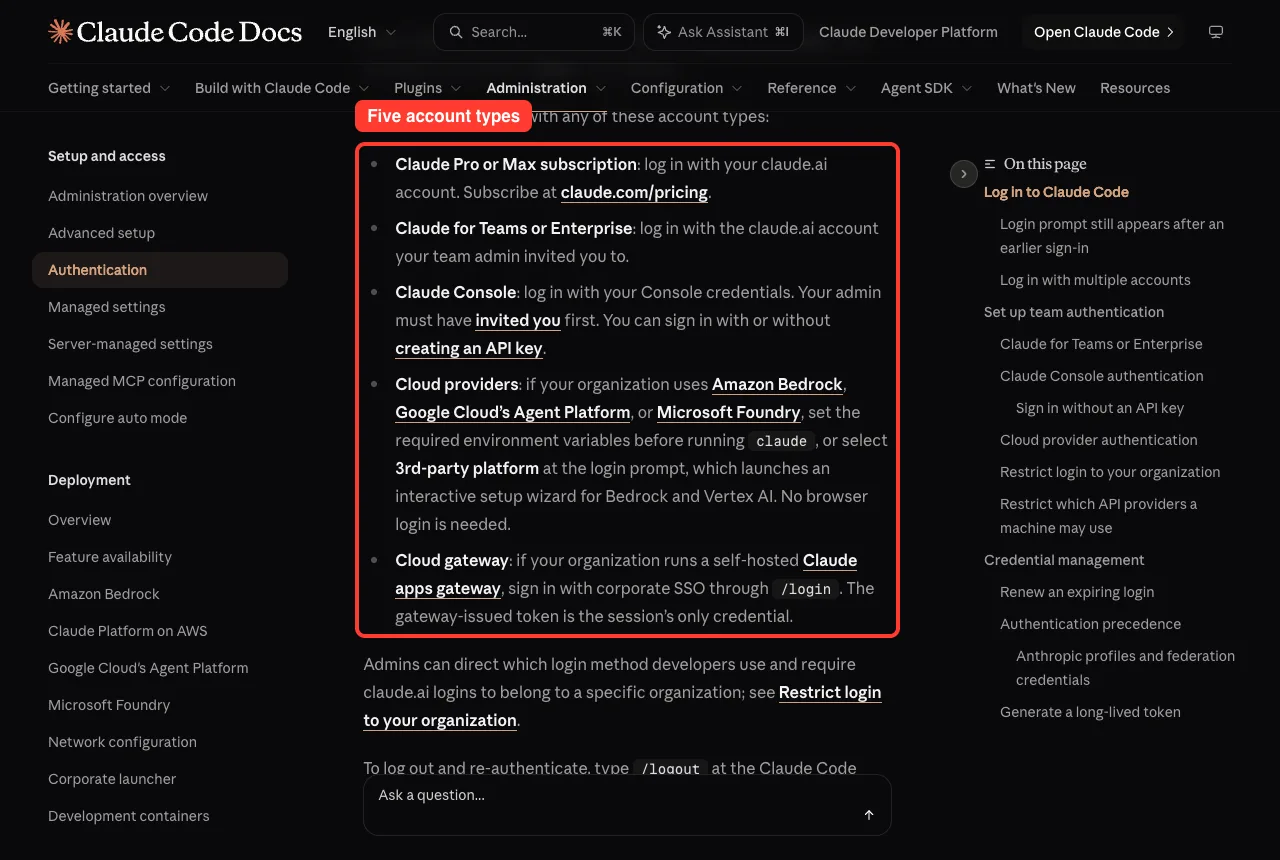 Claude Code authentication docs listing the account types you can log in with
