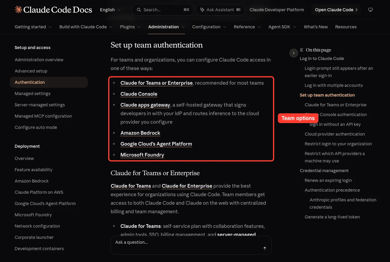 Claude Code docs listing team authentication options