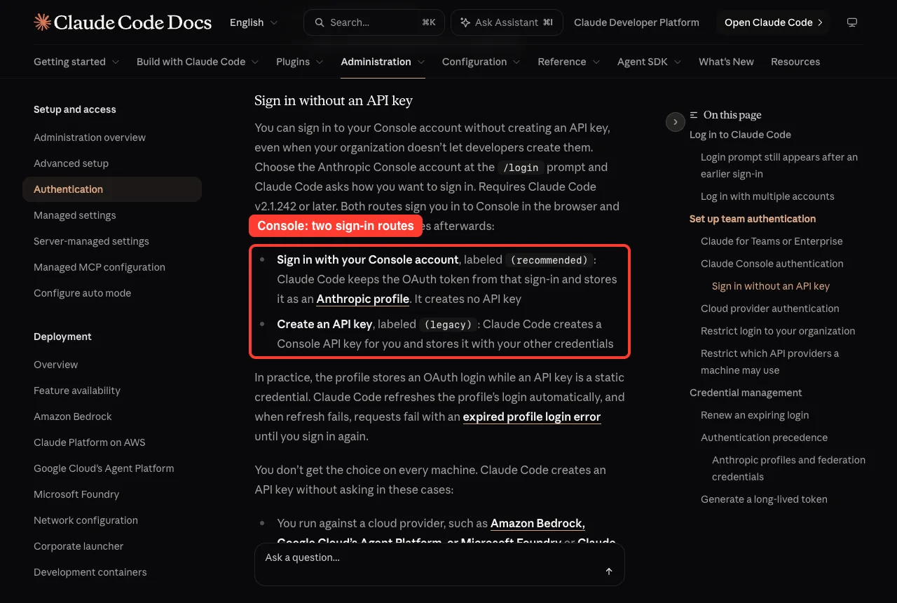 Docs section showing the two Console sign-in routes, recommended and legacy