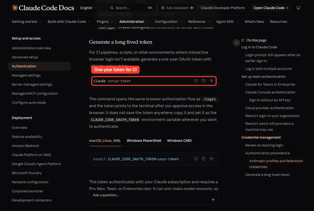 Docs showing the claude setup-token command for CI pipelines