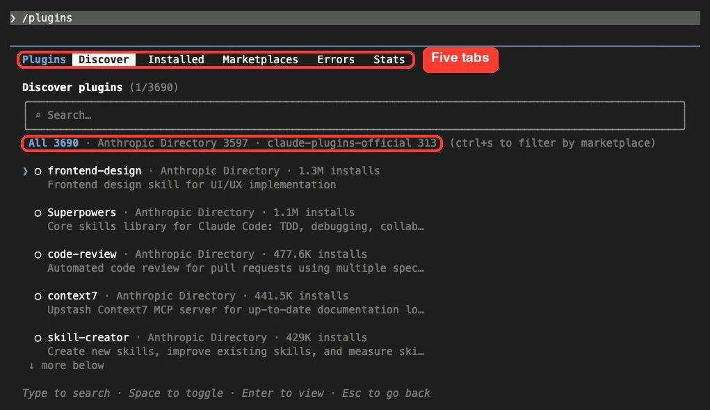 The Claude Code plugin panel open on the Discover tab, with tabs for Discover, Installed, Marketplaces, Errors and Stats, and a list of plugins with install counts