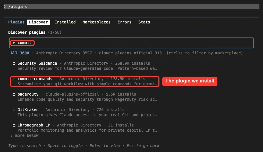 The Discover tab filtered by the word commit, showing commit-commands with its description about streamlining git workflows