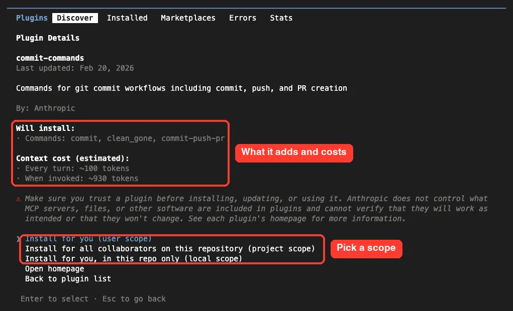 Plugin details for commit-commands showing Will install with three commands, a context cost of about 100 tokens every turn and 930 when invoked, a trust warning, and three scope options