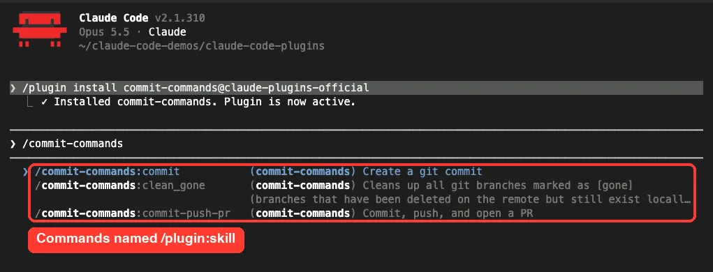 Typing /commit-commands shows three suggestions: /commit-commands:commit, /commit-commands:clean_gone and /commit-commands:commit-push-pr with descriptions