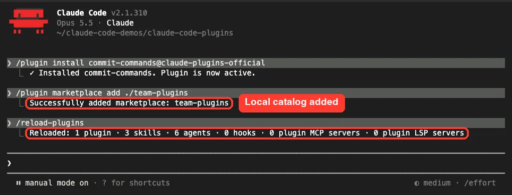Claude Code showing Successfully added marketplace: team-plugins, followed by a reload summary line