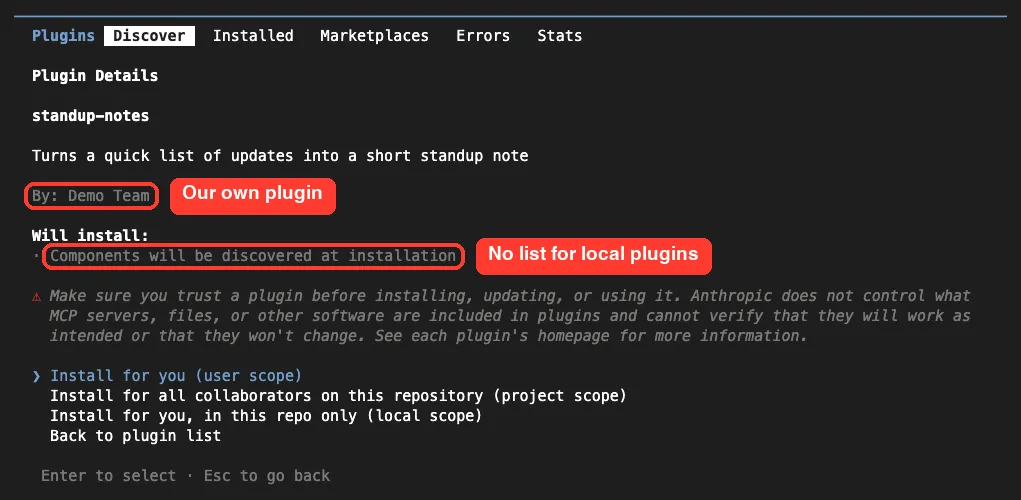 Plugin details for standup-notes by Demo Team, with Will install showing Components will be discovered at installation