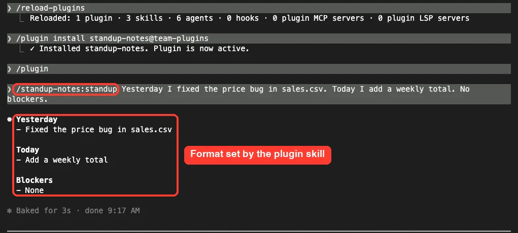 Claude Code output from the standup-notes plugin skill with three headings: Yesterday, Today and Blockers, each with one short bullet