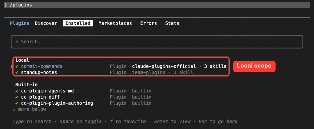 The Installed tab listing commit-commands from claude-plugins-official with 3 skills and standup-notes from team-plugins with 1 skill under a Local heading, plus built-in plugins below
