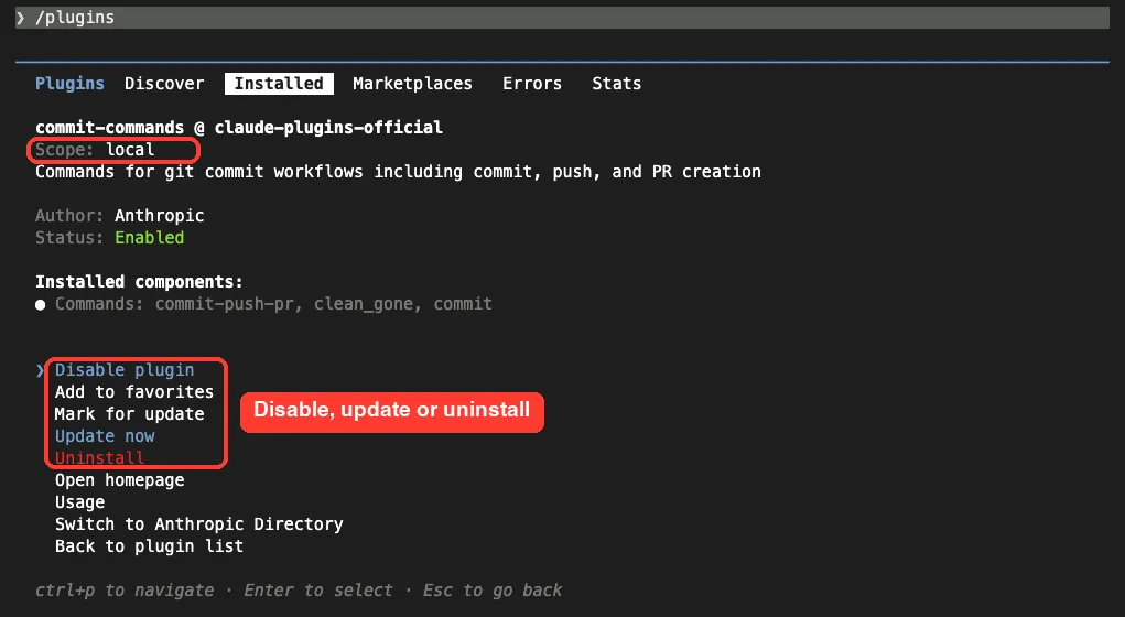 Installed plugin detail for commit-commands showing Scope local, Status Enabled, its commands, and a menu with Disable plugin, Update now and Uninstall