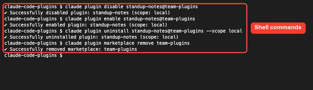 Shell output showing claude plugin disable, enable and uninstall for standup-notes at local scope, then claude plugin marketplace remove team-plugins