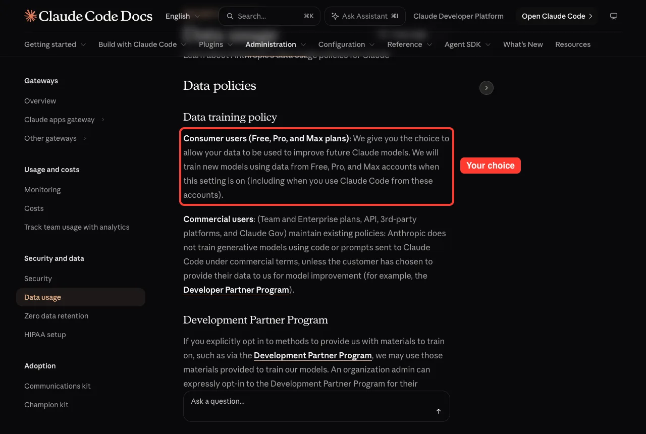 Official Claude Code data usage page with the consumer data training policy highlighted