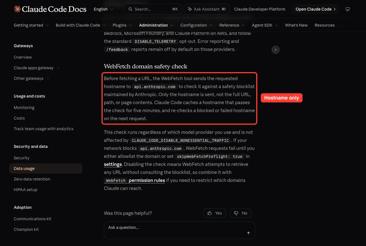 Official WebFetch domain safety check section with the paragraph highlighted