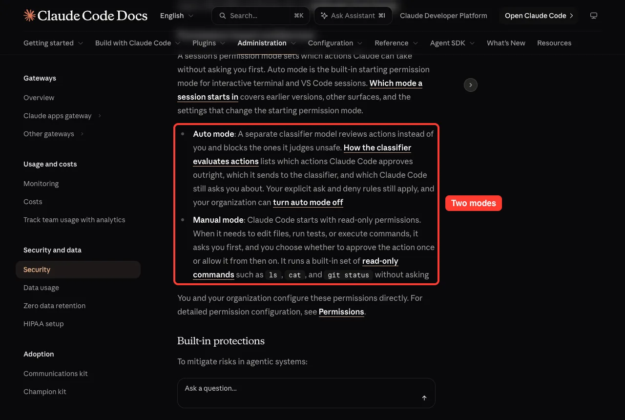Official security page with the two permission modes highlighted